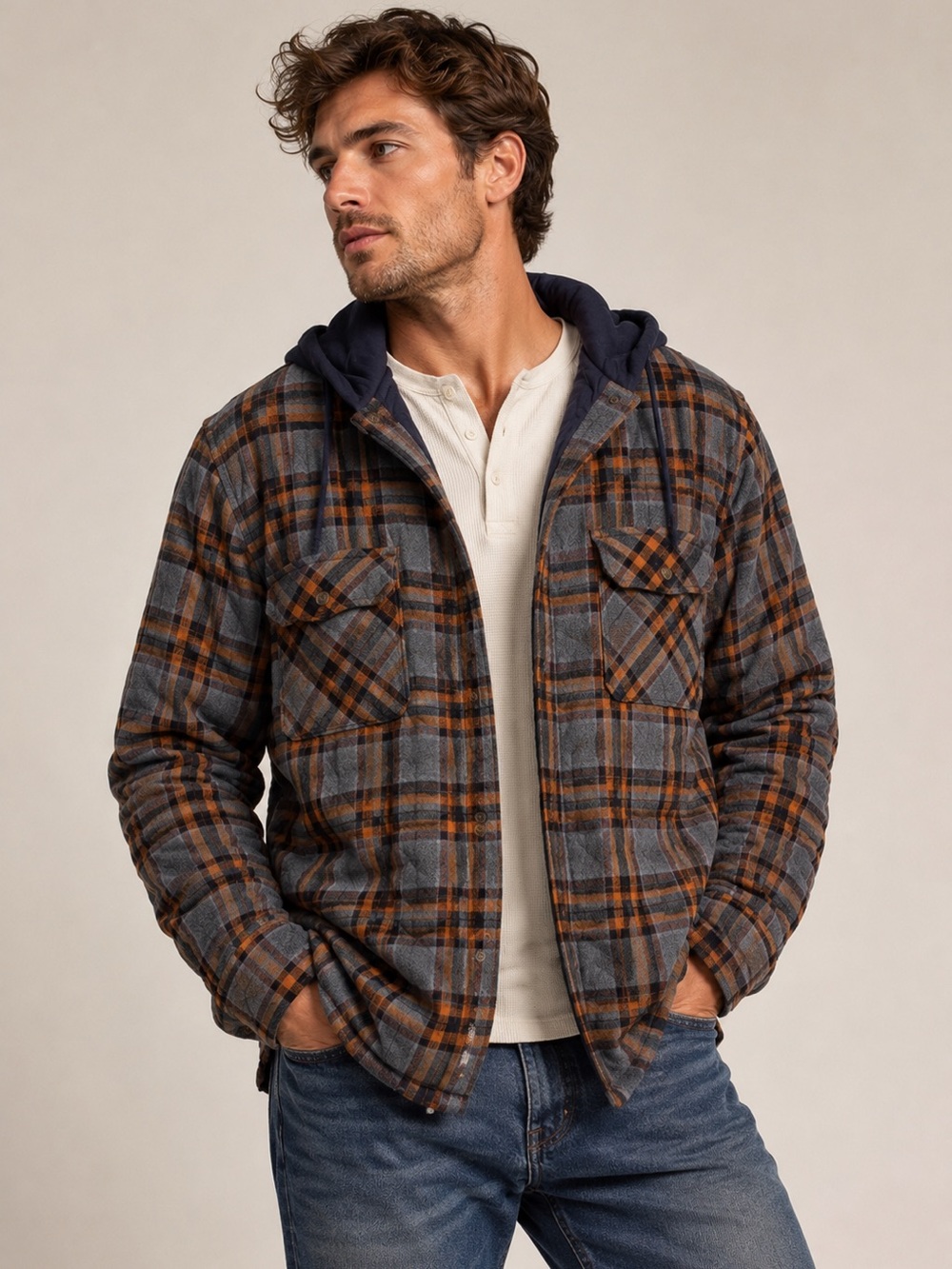 Legendary Outfitters Hooded Quilted Flannel Jacket Gray Orange Plaid Men’s‎ M
